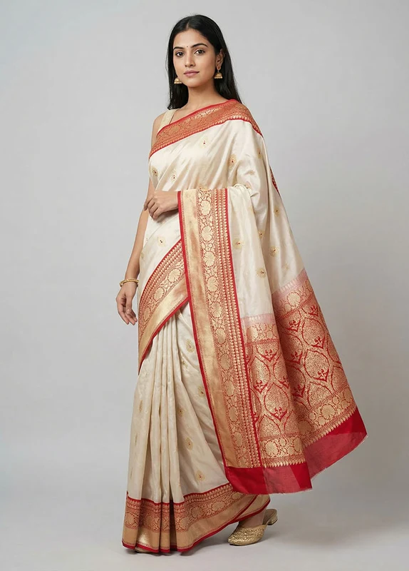 White Handloom Katan Pure Silk Saree With Blouse Piece One Size