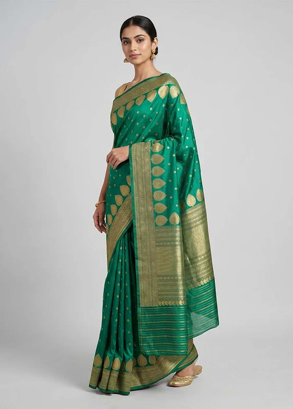Green Handloom Katan Pure Silk Saree With Blouse Piece One Size