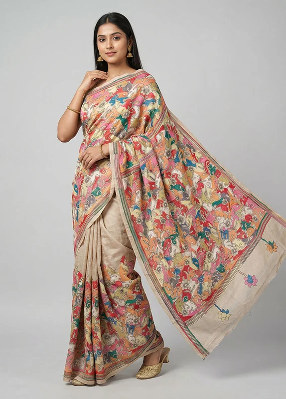 Cream Handloom Kantha Stitch Pure Silk Saree With Blouse Piece One Size