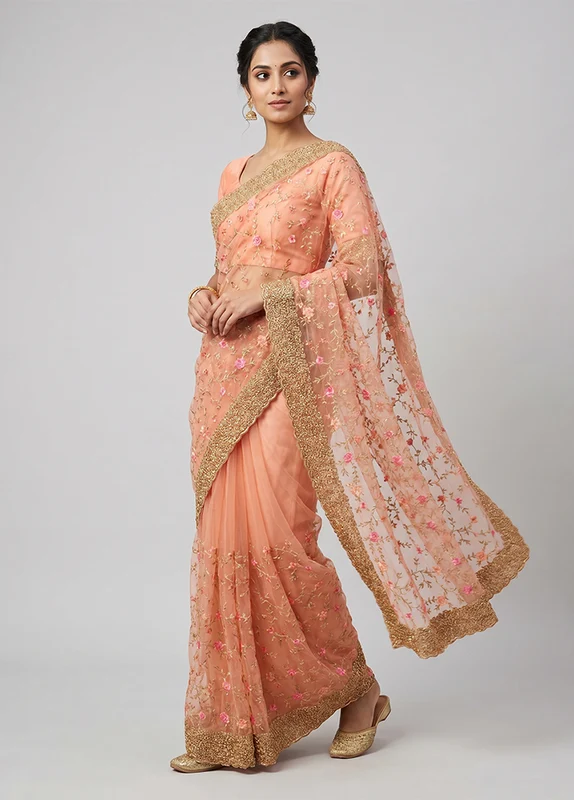 Pink Georgette Saree With Blouse Piece One Size