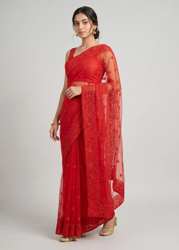 Red Georgette Saree With Blouse Piece One Size