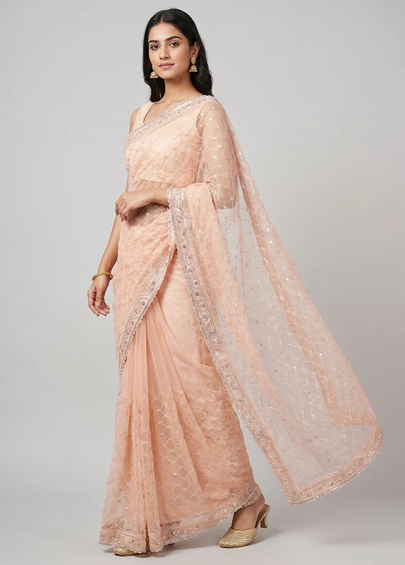 Pink Handloom Pure Georgette Saree With Blouse Piece One Size