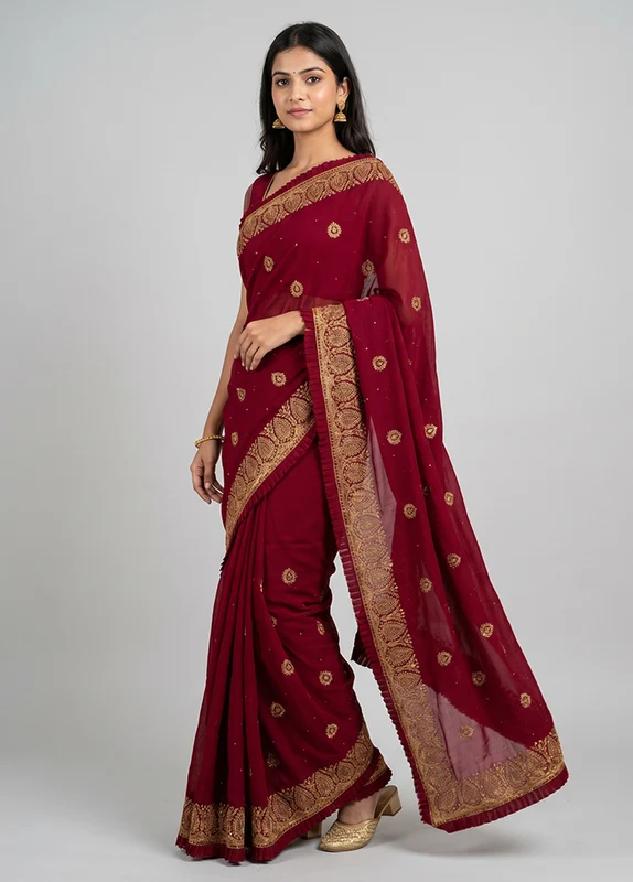 Maroon Georgette Saree With Blouse Piece One Size