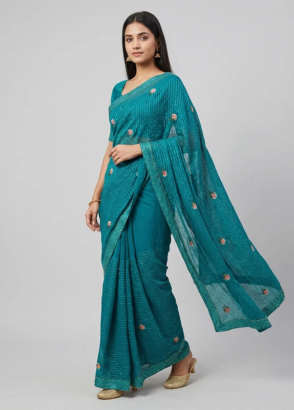 Green Georgette Saree With Blouse Piece One Size