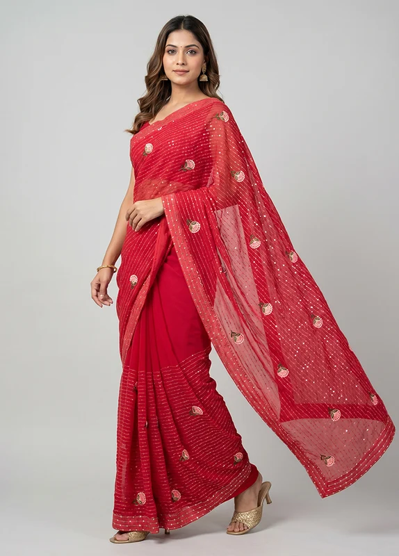 Pink Georgette Saree With Blouse Piece One Size