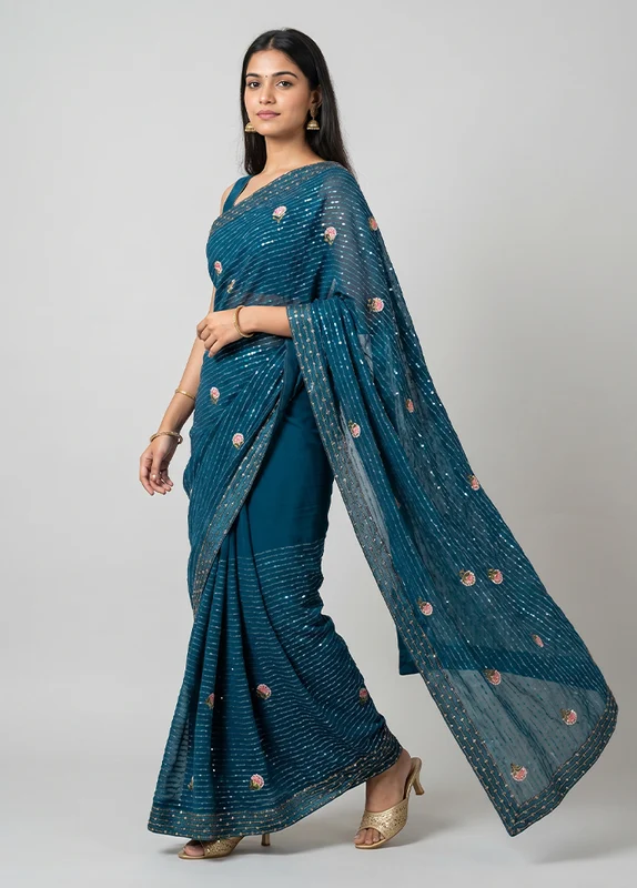 Blue Georgette Saree With Blouse Piece One Size
