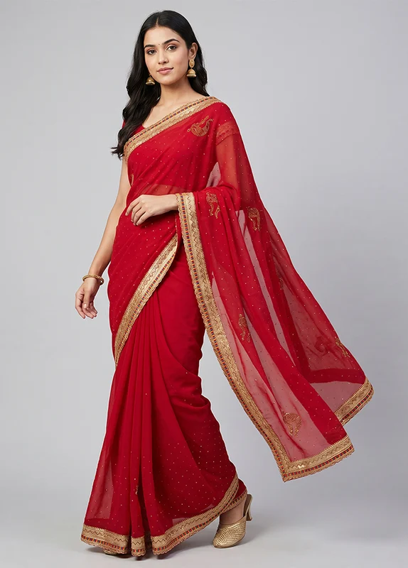 Maroon Georgette Saree With Blouse Piece One Size
