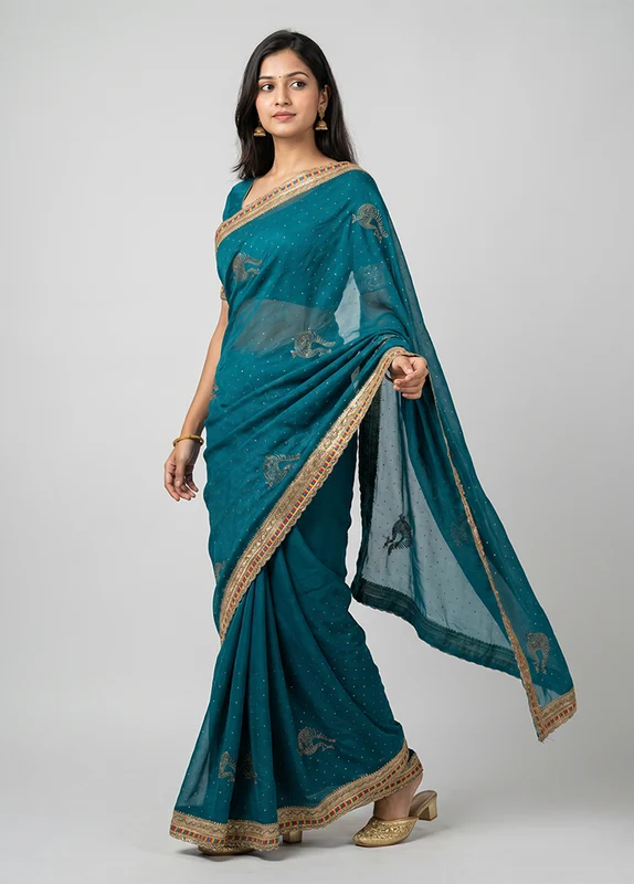 Green Georgette Saree With Blouse Piece One Size