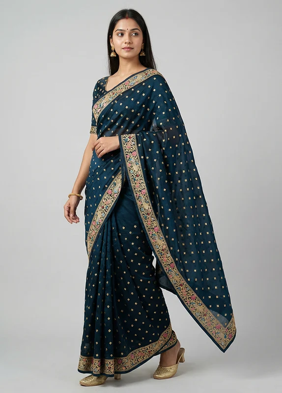 Blue Georgette Saree With Blouse Piece One Size