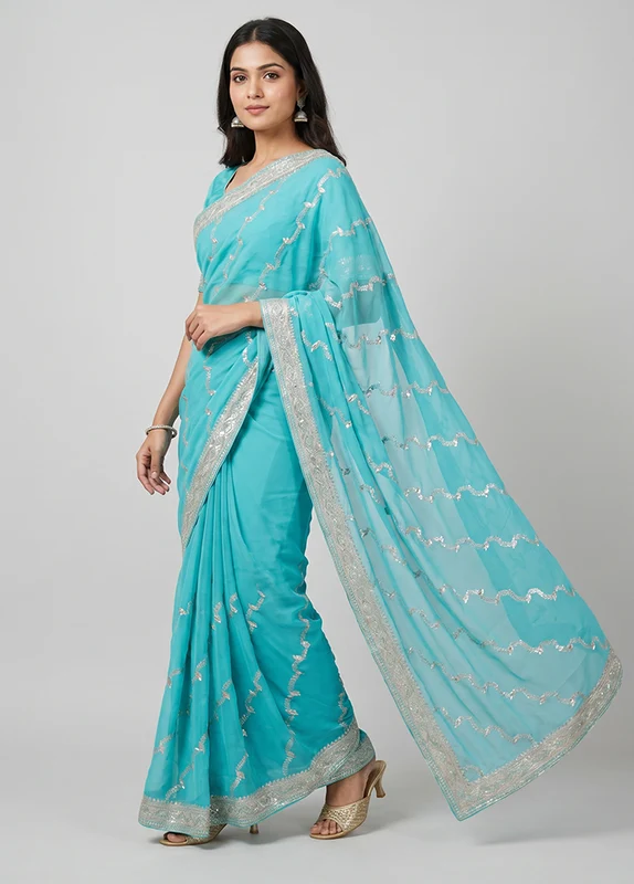 Green Georgette Saree With Blouse Piece One Size