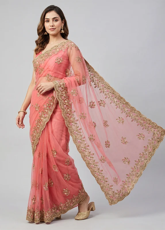 Pink Georgette Saree With Blouse Piece One Size