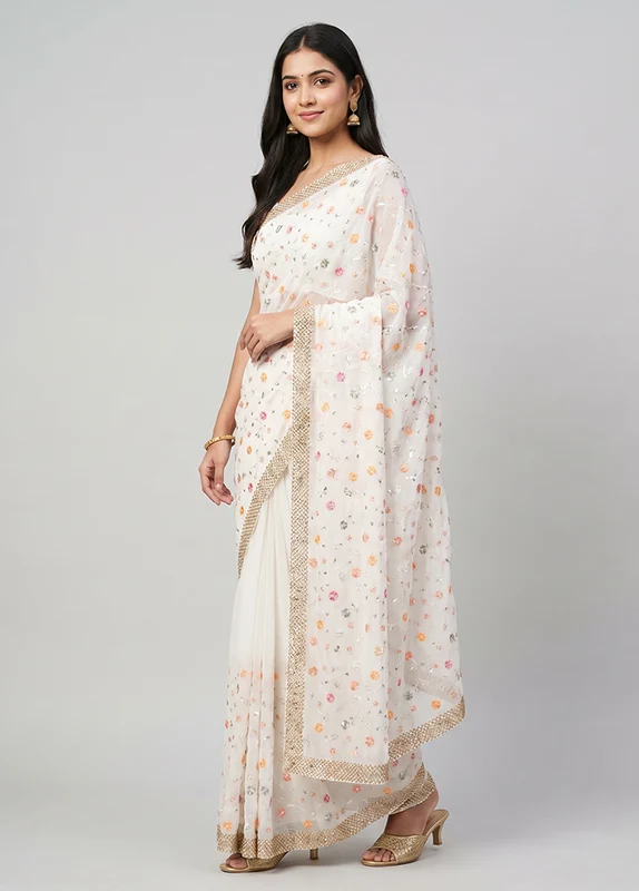 White Handloom Pure Georgette Saree With Blouse Piece One Size