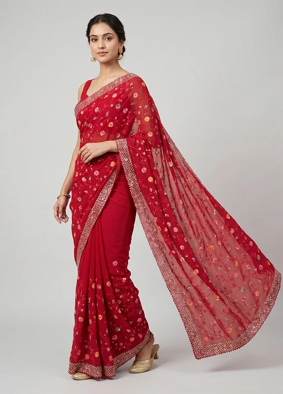 Pink Handloom Pure Georgette Saree With Blouse Piece One Size