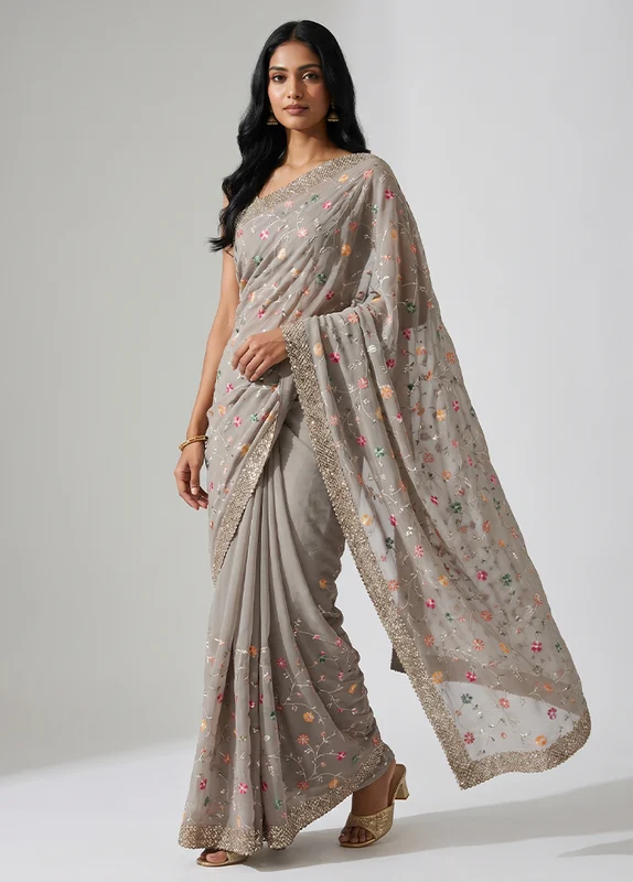 Grey Handloom Pure Georgette Saree With Blouse Piece One Size
