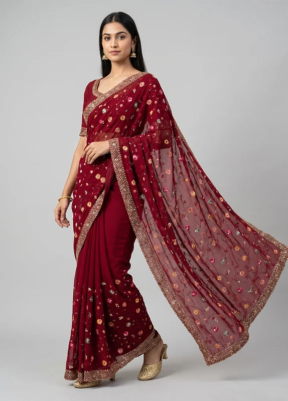 Maroon Handloom Pure Georgette Saree With Blouse Piece One Size