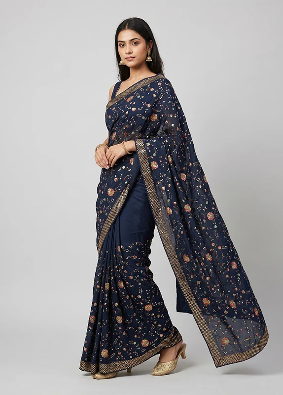 Blue Handloom Pure Georgette Saree With Blouse Piece One Size