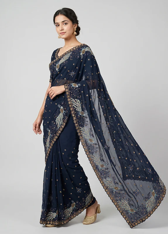 Blue Handloom Pure Georgette Saree With Blouse Piece One Size
