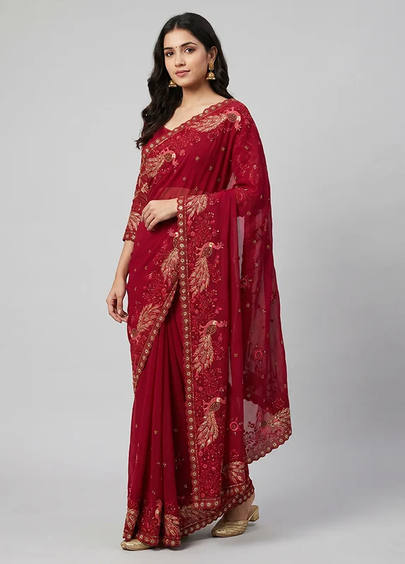 Pink Handloom Pure Georgette Saree With Blouse Piece One Size