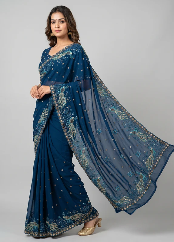 Blue Handloom Pure Georgette Saree With Blouse Piece One Size