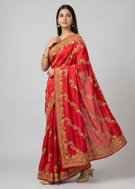 Red Georgette Saree With Blouse Piece One Size