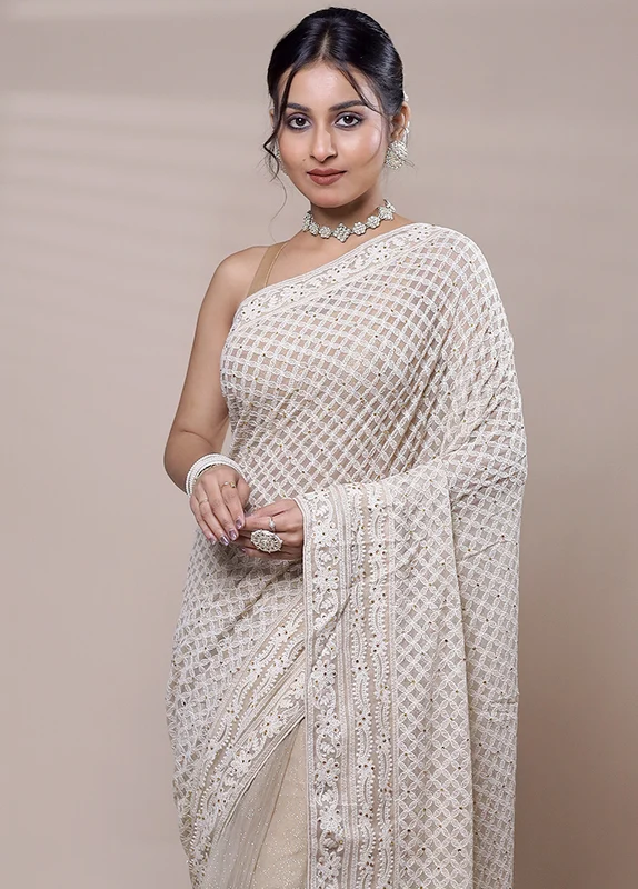 Cream Net Saree With Blouse Piece Onesize
