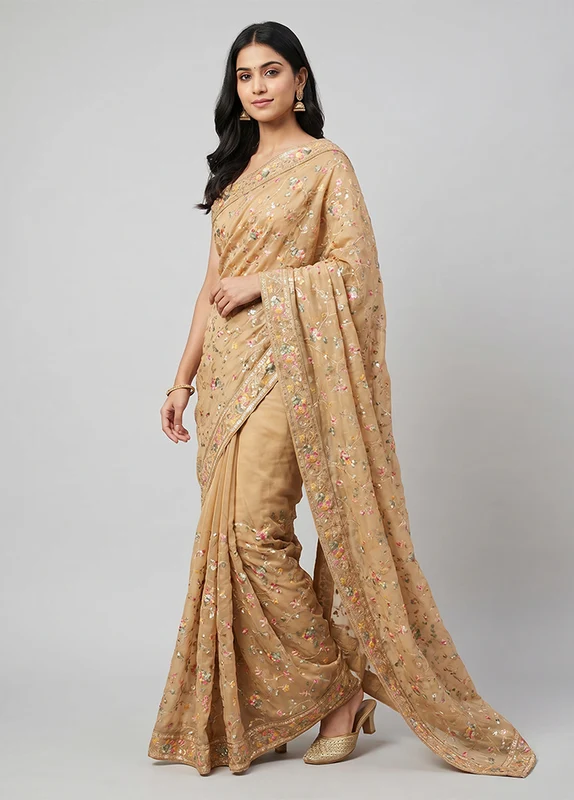 Cream Handloom Pure Georgette Saree With Blouse Piece One Size