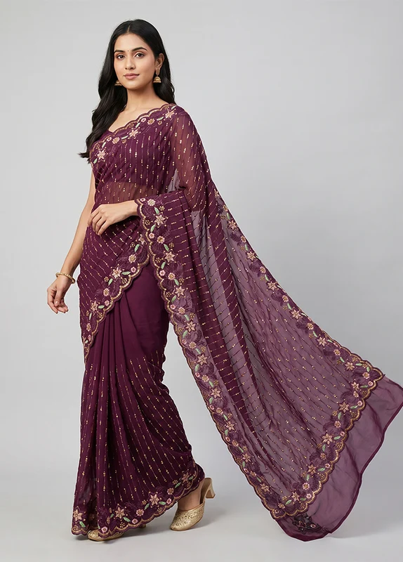 Purple Georgette Saree With Blouse Piece One Size