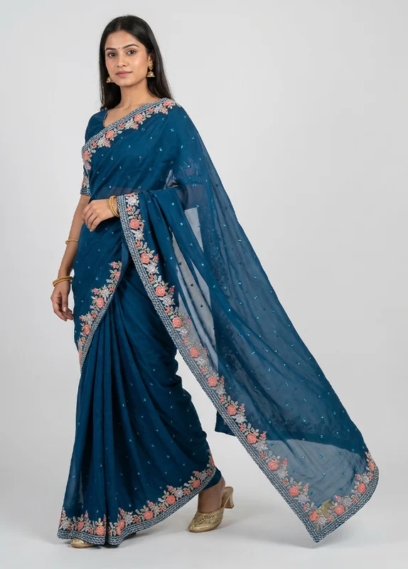 Blue Georgette Saree With Blouse Piece One Size
