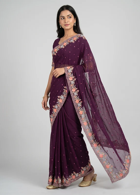 Purple Georgette Saree With Blouse Piece One Size