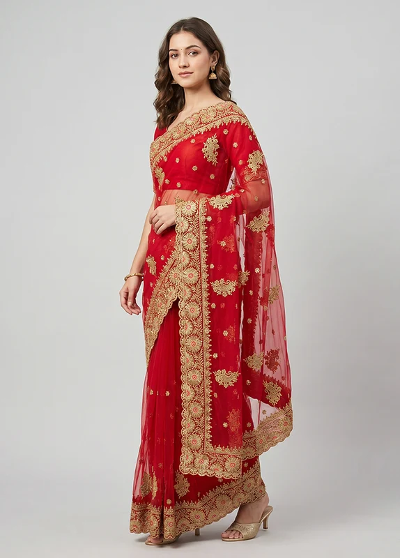 Red Georgette Saree With Blouse Piece One Size