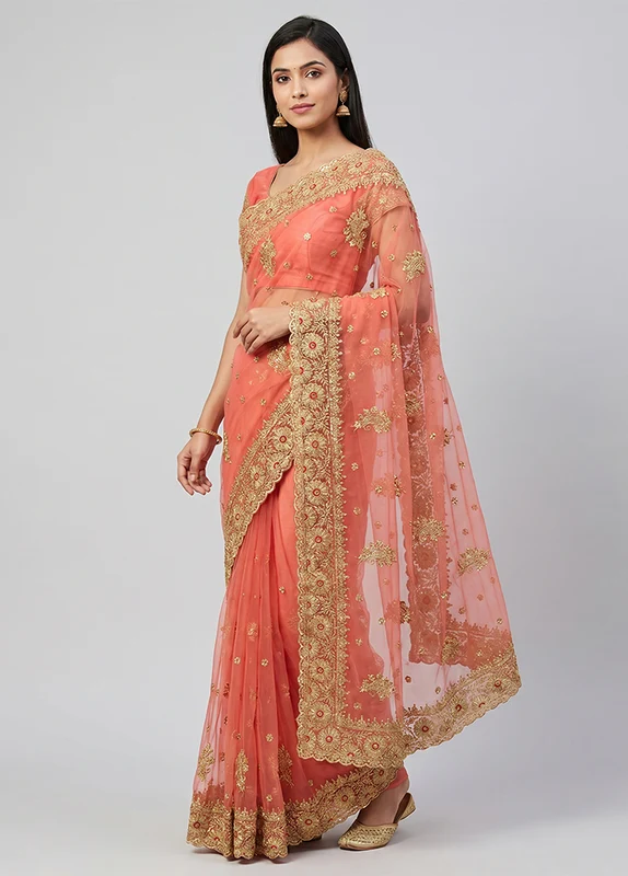 Pink Georgette Saree With Blouse Piece One Size