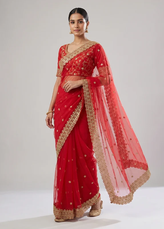 Red Georgette Saree With Blouse Piece One Size