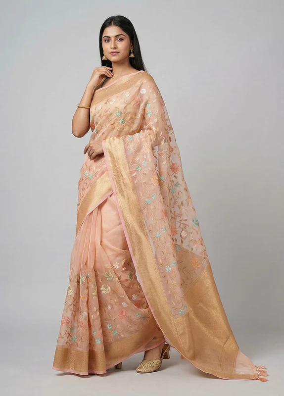 Pink Organza Saree With Blouse Piece One Size