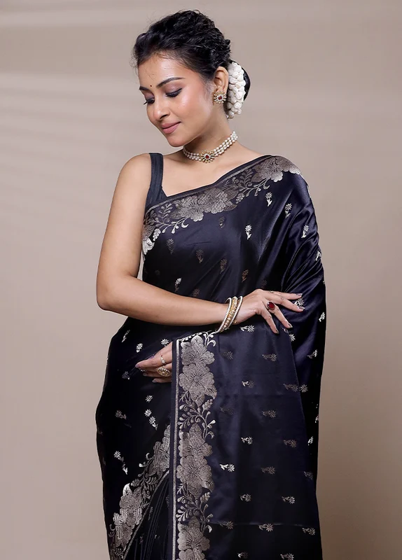 Black Dupion Silk Saree With Blouse Piece Onesize