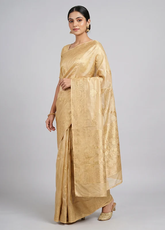 Cream Dupion Silk Saree With Blouse Piece One Size