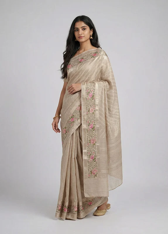 Cream Tissue Silk Saree With Blouse Piece One Size