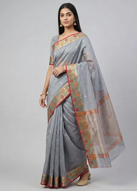 Grey Kora Silk Saree With Blouse Piece One Size