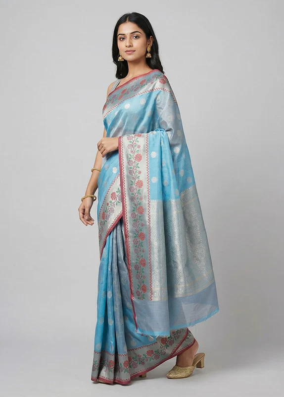 Blue Kora Silk Saree With Blouse Piece One Size