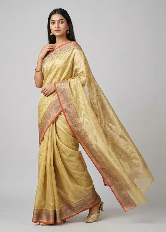 Yellow Kora Silk Saree With Blouse Piece One Size