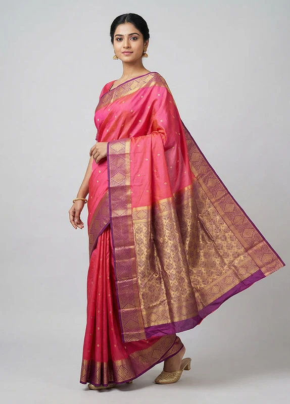 Pink Handloom Kanjivaram Pure Silk Saree With Blouse Piece One Size