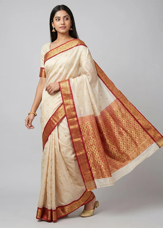 White Kanjivaram Silk Saree With Blouse Piece One Size