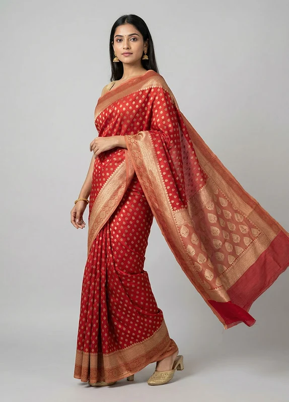 Red Pure Cotton Saree With Blouse Piece One Size