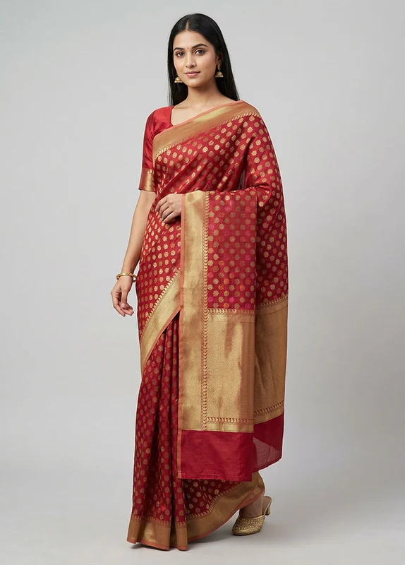 Red Pure Cotton Saree With Blouse Piece One Size