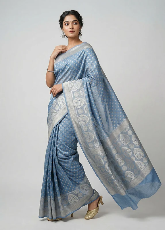 Grey Cotton Saree With Blouse Piece One Size