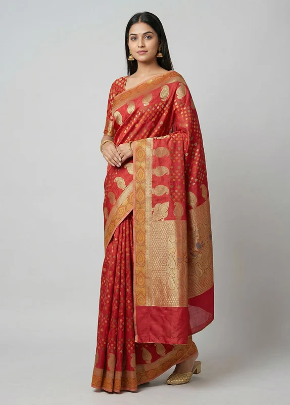Maroon Pure Cotton Saree With Blouse Piece One Size