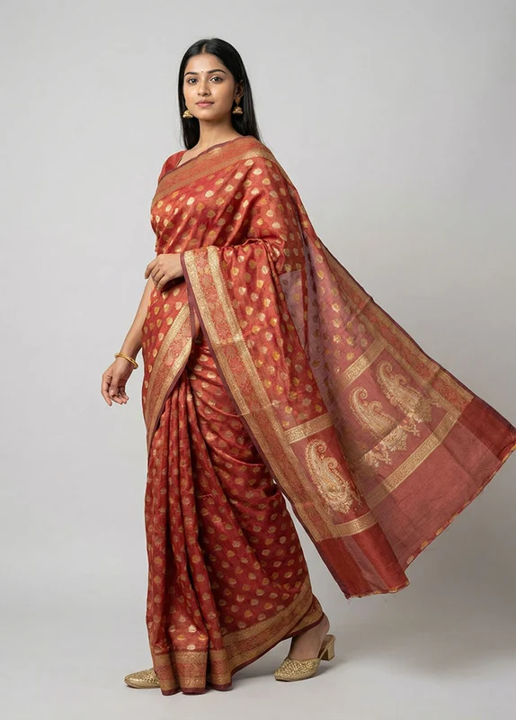 Red Pure Cotton Saree With Blouse Piece One Size