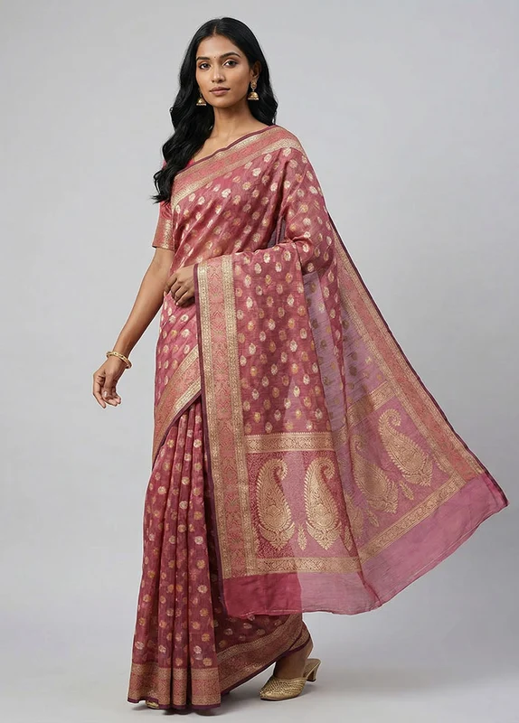 Pink Pure Cotton Saree With Blouse Piece One Size