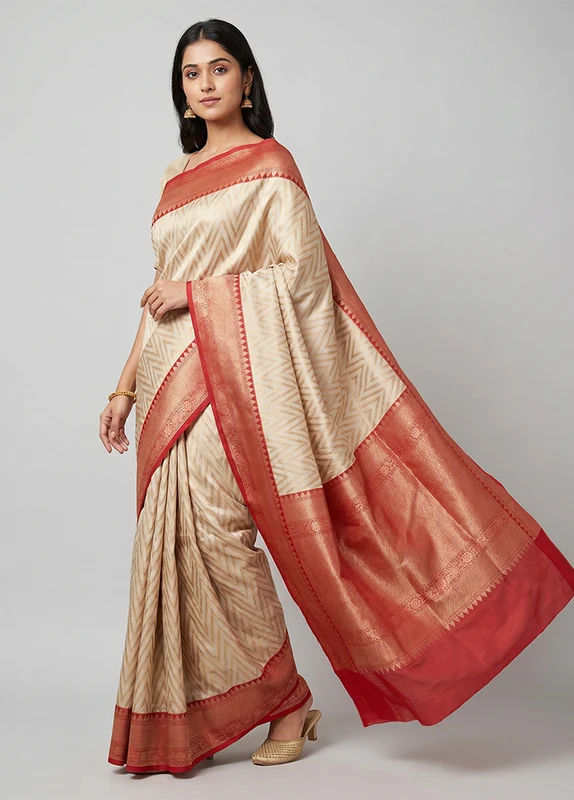 Cream Tissue Silk Saree With Blouse Piece One Size