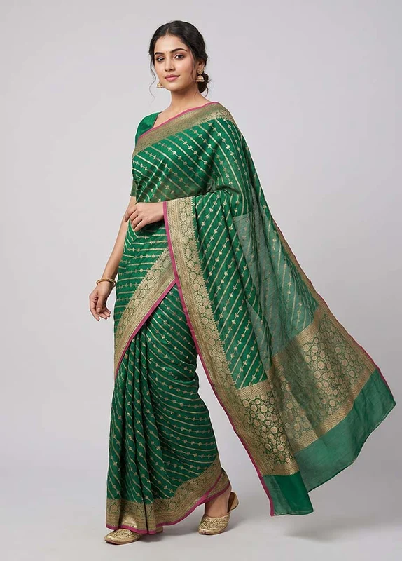Green Kora Silk Saree With Blouse Piece One Size