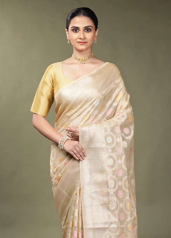 Cream Tissue Silk Saree With Blouse Piece Onesize